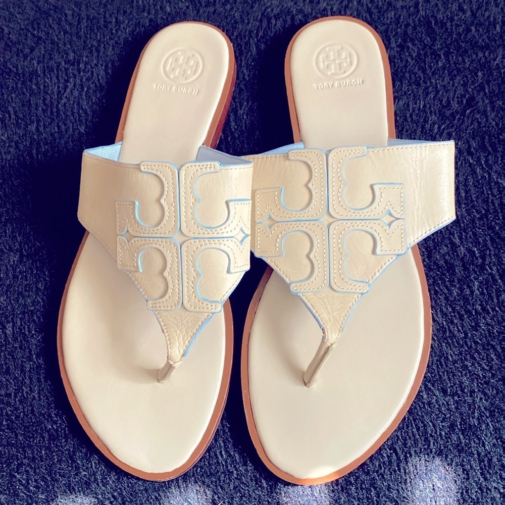 Tory Burch leather Jamie full T Logo Dulce de Leche flat sandals size 10.5